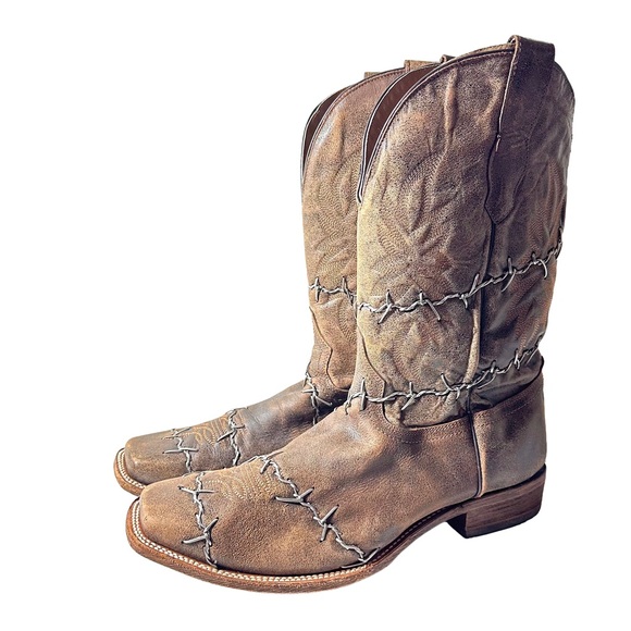Corral Leather Barbed Wire Square Toe Brown Cowboy Boots A3532 Mens Size 15 D - Picture 2 of 16